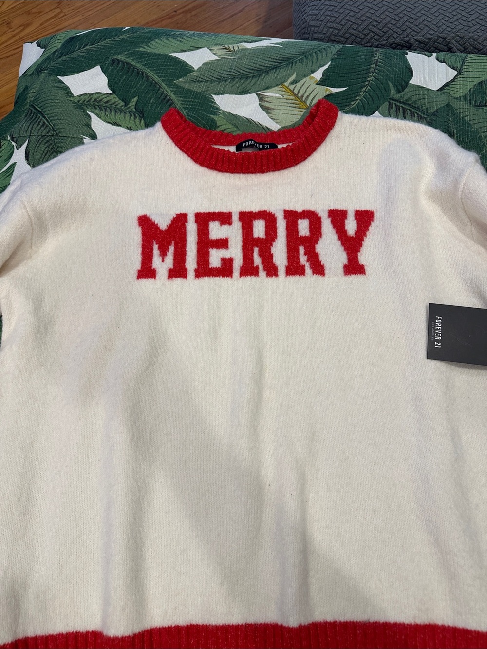 Forever 21 Women's Cream Crewneck Sweater with Red 'MERRY' Detail